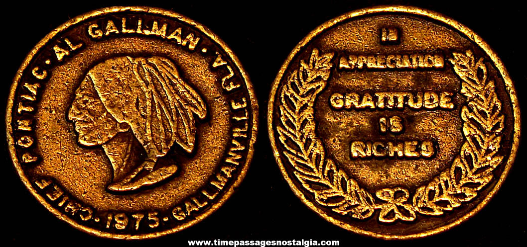 1975 Chief Pontiac Native American Indian Gallmanville Florida Advertising or Award Token Coin
