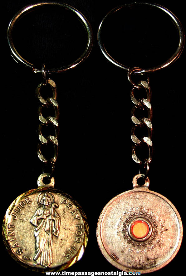 Old Catholic or Christian Saint Jude Pray For Us Cloth Relic Religious Key Chain Medallion