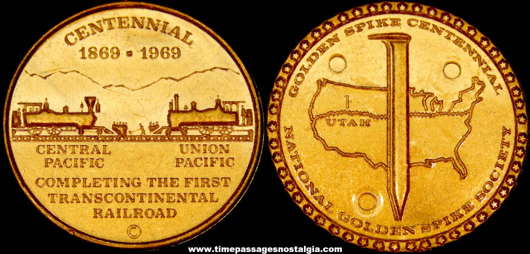 1869 - 1969 Golden Spike Centennial Railroad Advertising Gold Plastic Token Coin