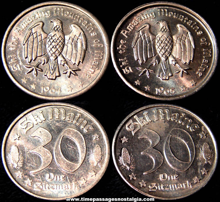 (2) Matching 1964 & 1965 German Looking Ski Maine Advertising Token Coins