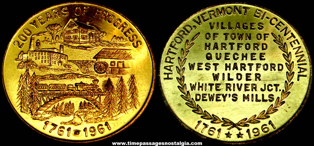 1761 – 1961 Hartford Vermont Bicentennial Advertising Souvenir Token Coin