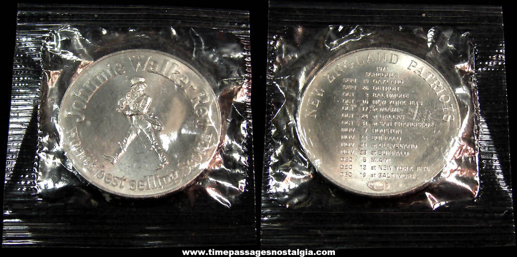 Unopened 1971 Johnny Walker Red Scotch & New England Patriots Football Advertising Souvenir Token Coin