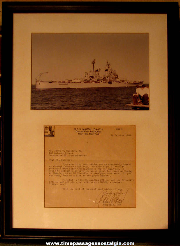 1958 U.S. Navy Heavy Cruiser Ship U.S.S. Macon CA-132 Framed Signed Letter and Photograph