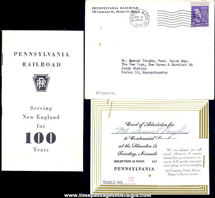 (5) 1954 Pennsylvania Railroad 100th Anniversary Boston Massachusetts Advertising Paper Items
