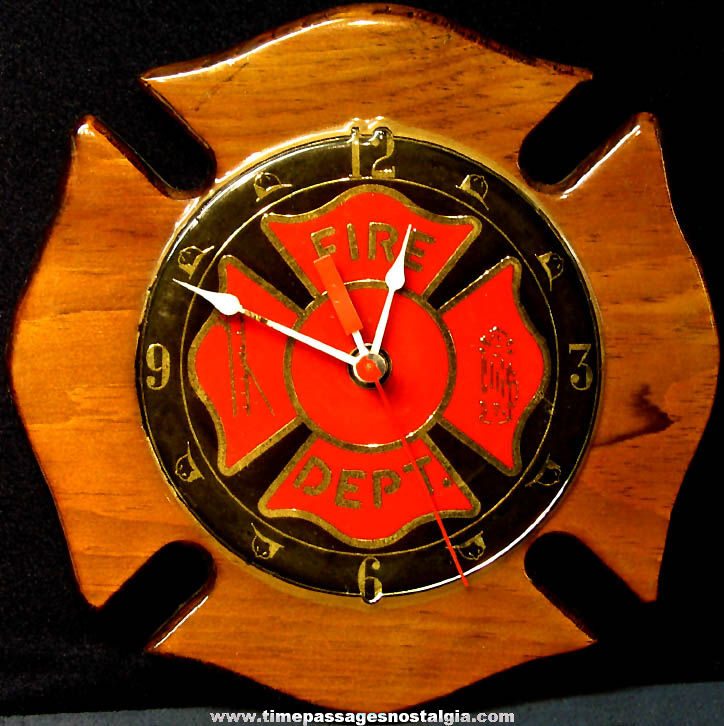 1980s Fire Department Fireman Badge Shaped Wooden Battery Operated Clock