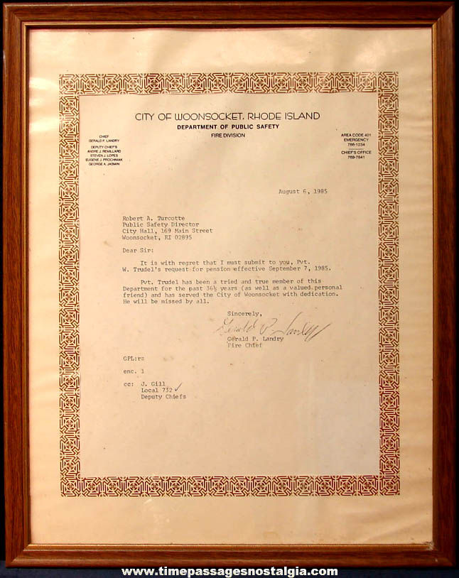 Framed 1985 Woonsocket Rhode Island Fire Department Fireman Retirement Letter
