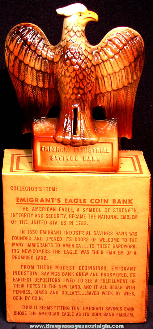 Old Boxed Emigrant Industrial Savings Bank Advertising Premium Glazed Ceramic American Eagle Coin Bank