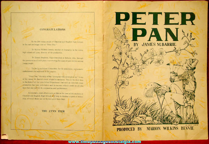 Autographed 1948 Lynn Massachusetts English High School Peter Pan Theatre Play Advertising Souvenir book