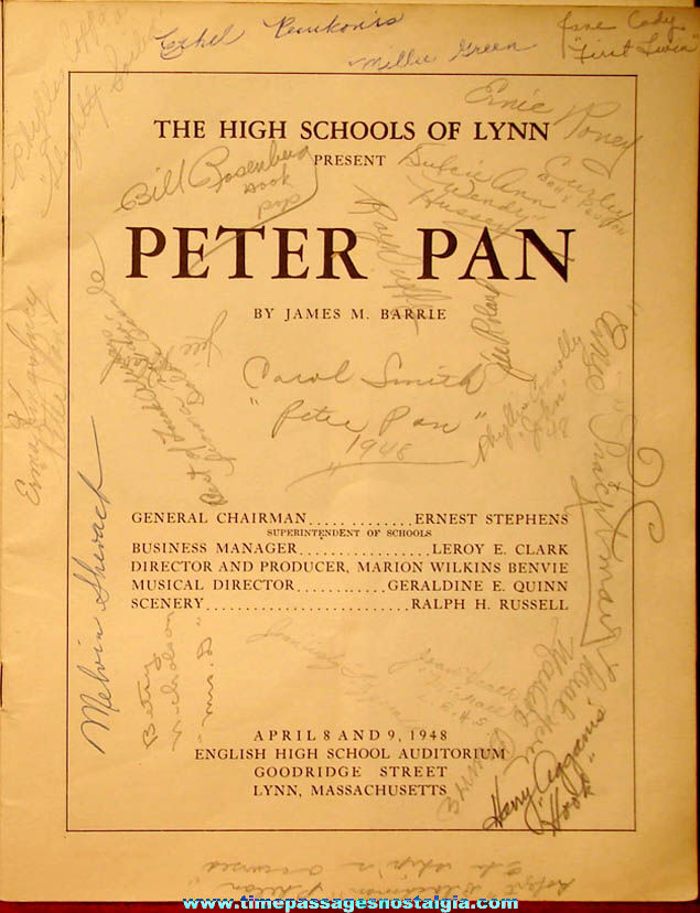 Autographed 1948 Lynn Massachusetts English High School Peter Pan Theatre Play Advertising Souvenir book