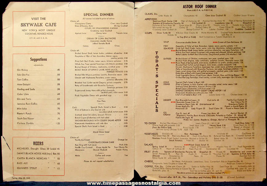 1941 Autographed Times Square New York Hotel Astor Roof Restaurant Tommy Dorsey Advertising Menu