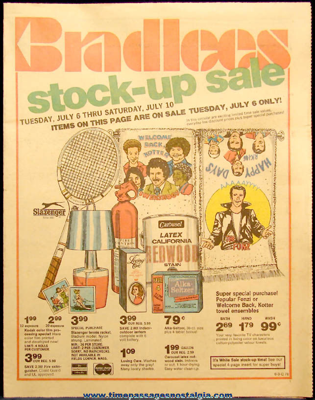 July 1976 Bradlees Department Store Sales Flyer with Happy Days & Welcome Back Kotter Characters