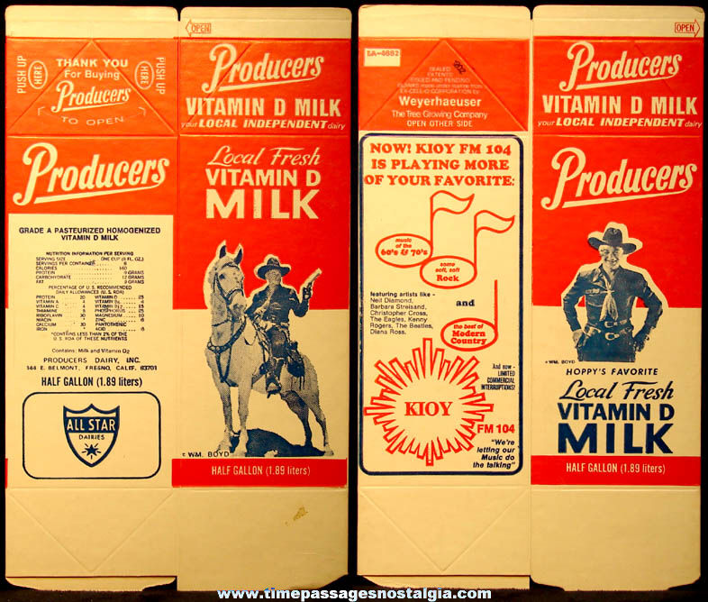 Old Unused Producers Dairy Hopalong Cassidy Vitamin D Milk Half Gallon Carton