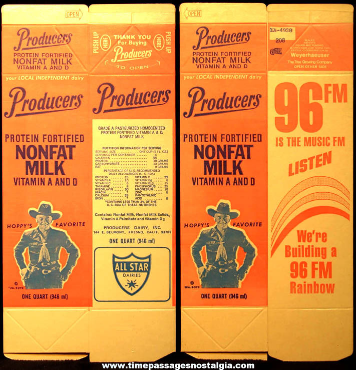 Old Unused Producers Dairy Hopalong Cassidy Nonfat Milk Quart Size Carton