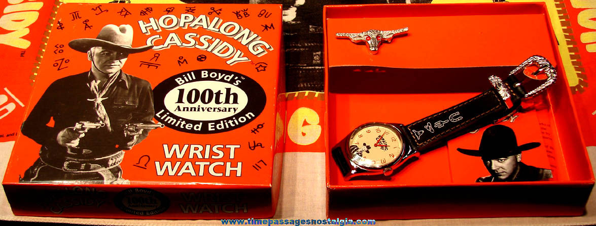 Unused 1994 Hopalong Cassidy 100th Anniversary Wrist Watch, Neckerchief, & Longhorn Bull Tie Slide