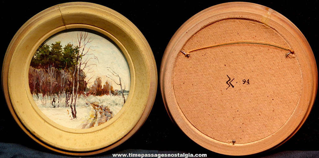 Small Old Round Wintertime Landscape Painting in A Round Wooden Frame