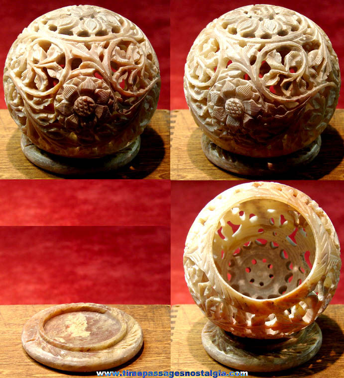 Elaborately Carved Decorative Soapstone Ball With Flowers Leaves and Vines