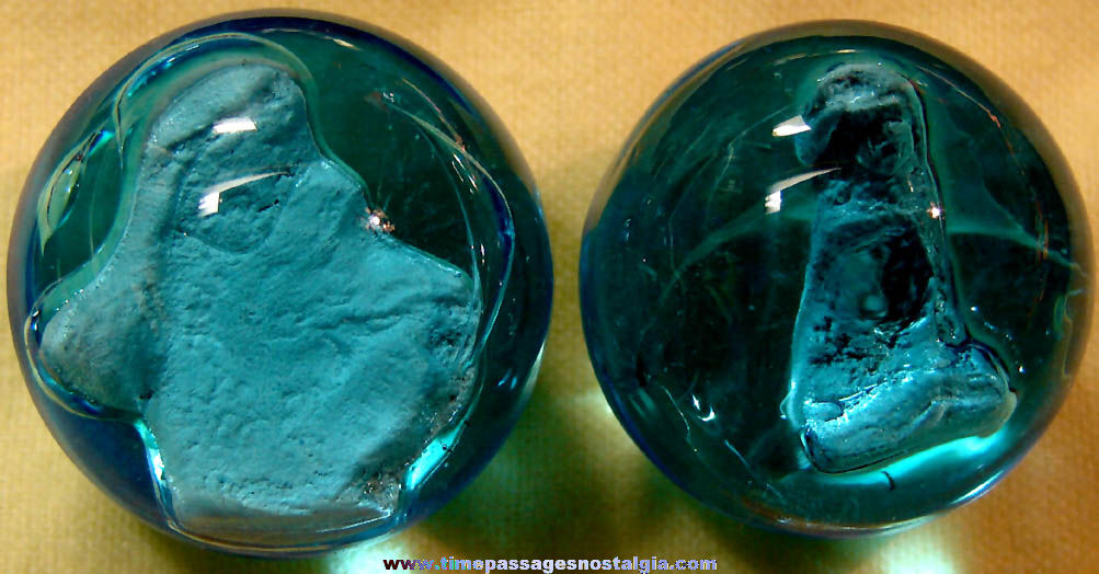 (2) Artist Made Cracker Jack Sailor Jack & Bingo Blue Advertising Sulphide Marbles