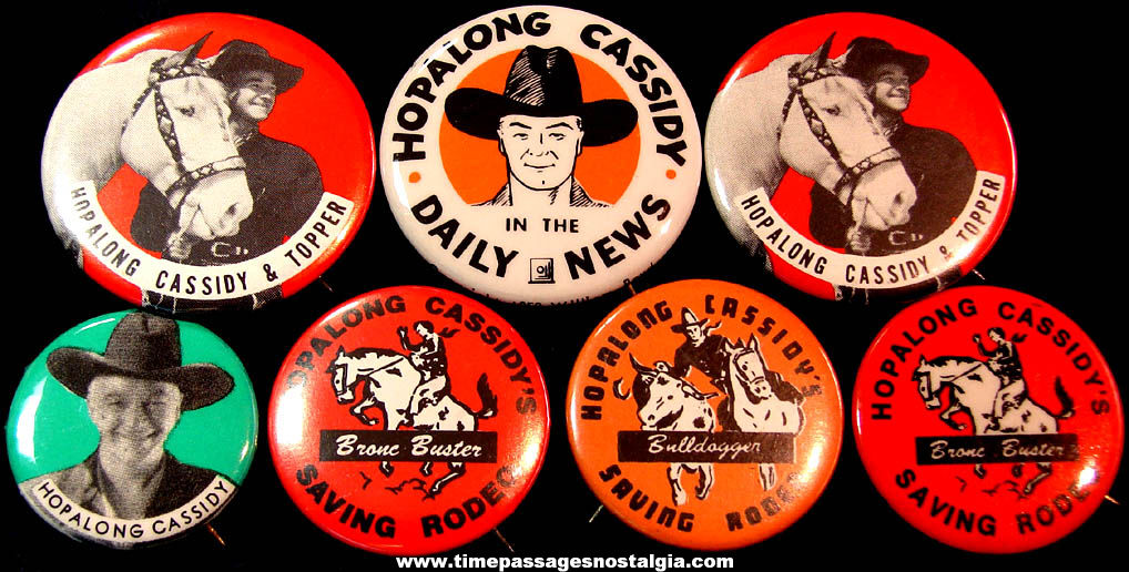 (7) Old Hopalong Cassidy Comic Book & Movie Cowboy Hero Advertising Premium Pin Back Buttons