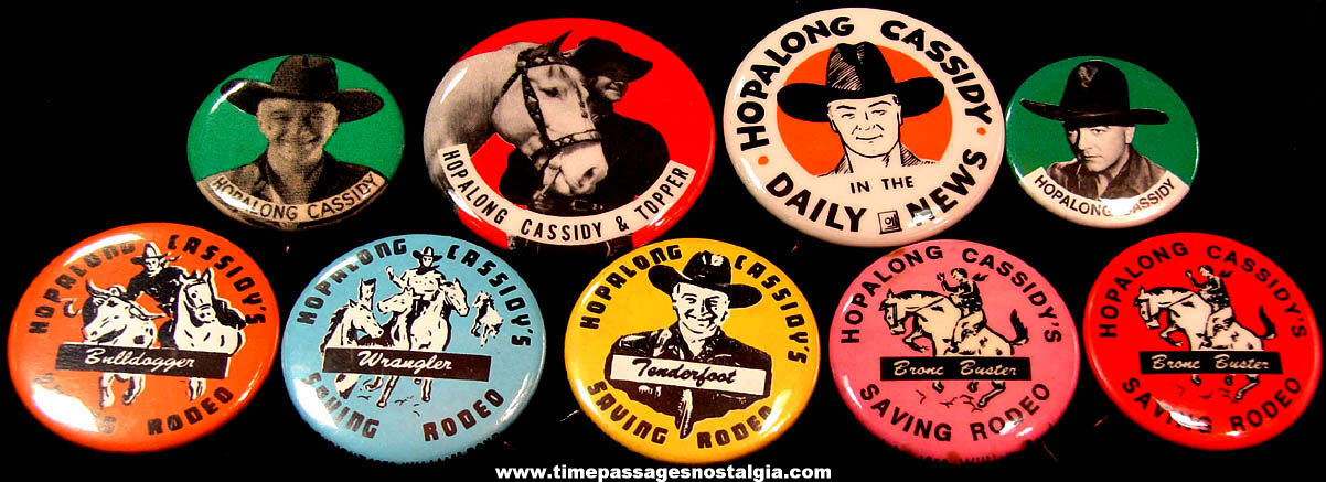 (9) Old Hopalong Cassidy Comic Book & Movie Cowboy Hero Advertising Premium Pin Back Buttons
