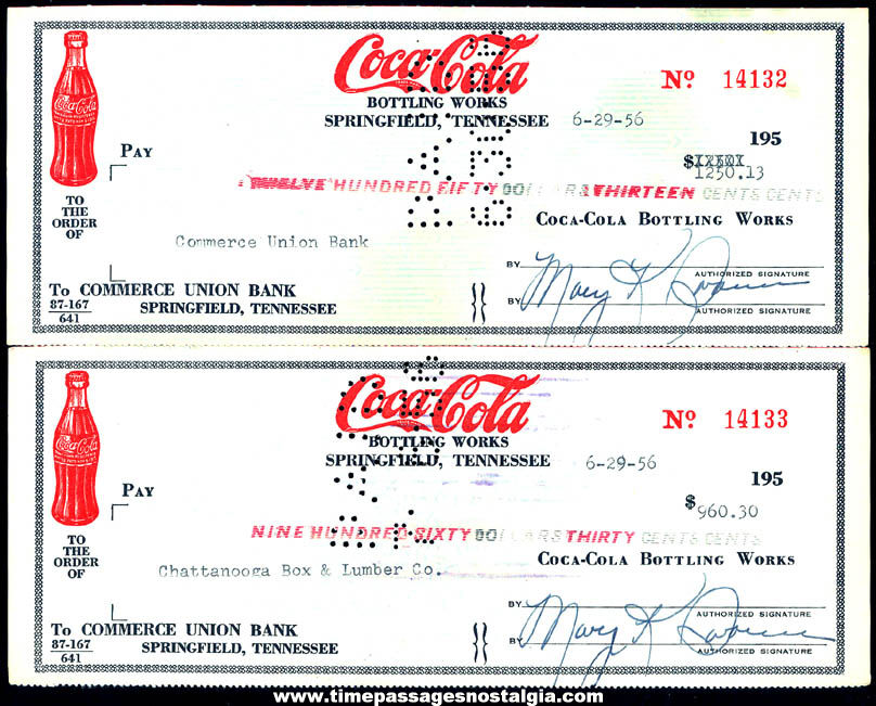 (2) Different 1956 Coca  Cola Bottling Works Advertising Used Bank Checks