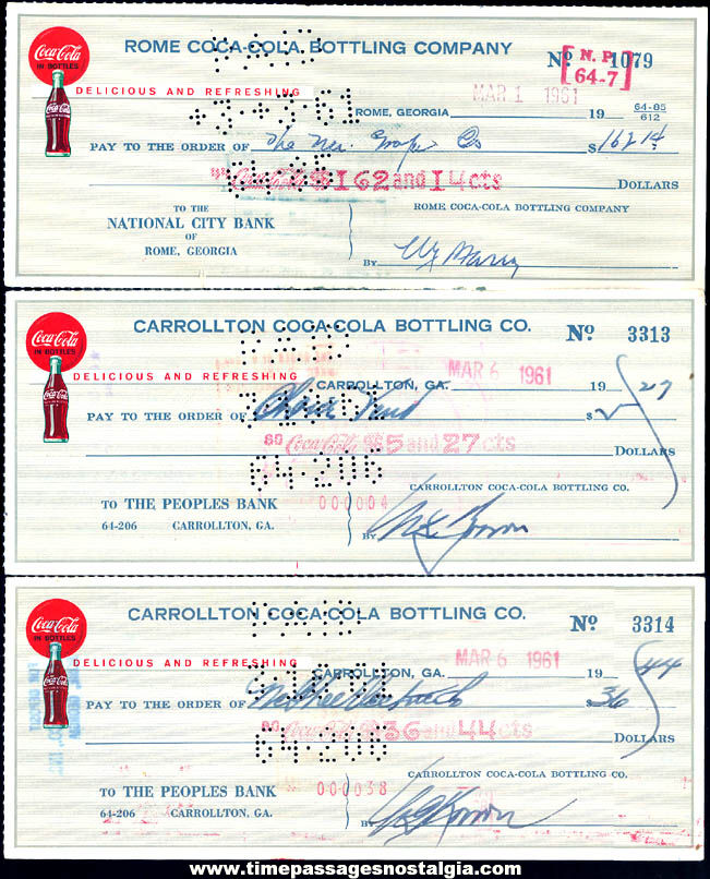 (3) Different 1961 Coca  Cola Bottling Company Advertising Used Bank Checks