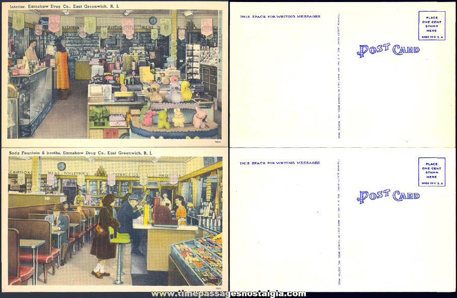 (2) Different Old Unused Earshaw Drug Company Store and Soda Fountain Linen Post Cards