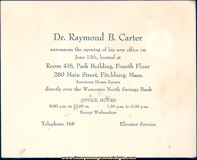 Old Fitchburg Massachusetts Doctors Office Opening Announcement Card
