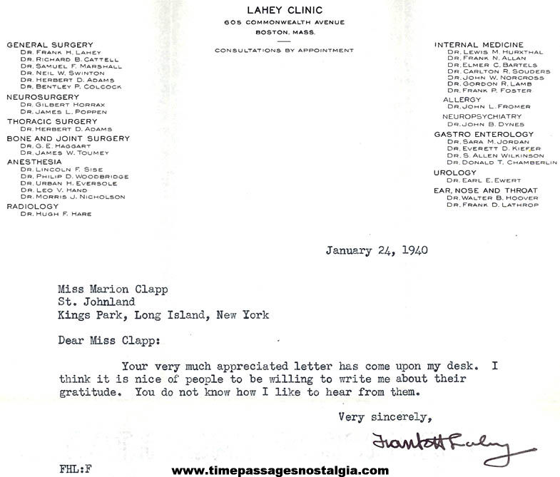 1940 Frank H. Lahey Founder Signed Boston Massachusetts Lahey Clinic Letter with Envelope