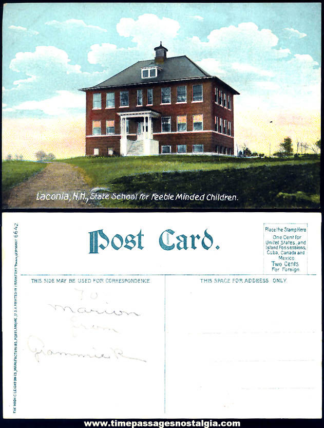 Early Unused Laconia New Hampshire State School For Feeble Minded Children Post Card