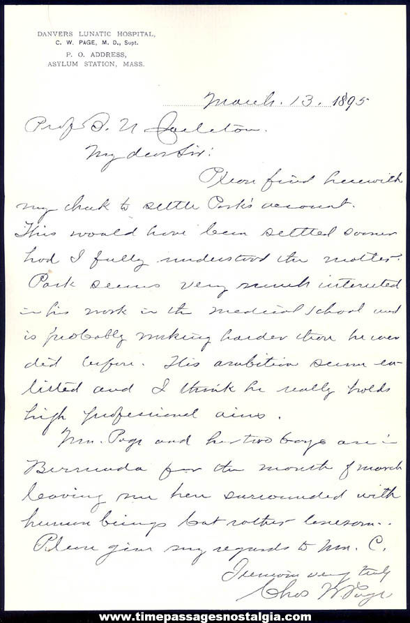 (2) 1895 Danvers Massachusetts Lunatic Hospital Letters with Envelopes