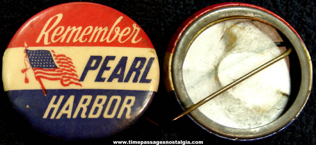 Old Celluloid Remember Pearl Harbor American Flag Pin Back Button
