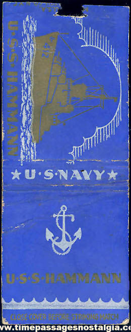 Old United States Navy U.S.S. Hammann DD-412 Destroyer Ship Advertising Match Book Cover
