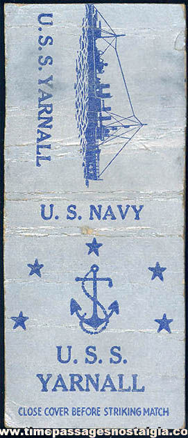 Old United States Navy U.S.S. Yarnell DD-143 Destroyer Ship Advertising Match Book Cover