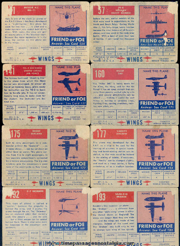 (8) 1950s Topps Wings Military Aircraft Non Sports Trading Cards