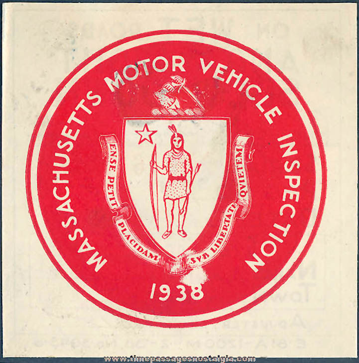 Colorful Unused 1938 Massachusetts Motor Vehicle Inspection Decal Sticker