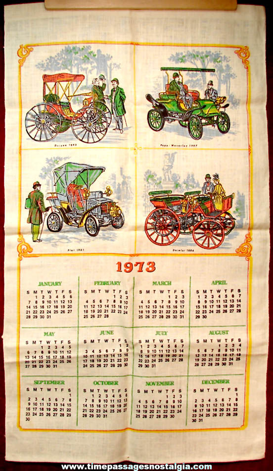 Colorful 1973 Antique Automobile Advertising Cloth Calendar
