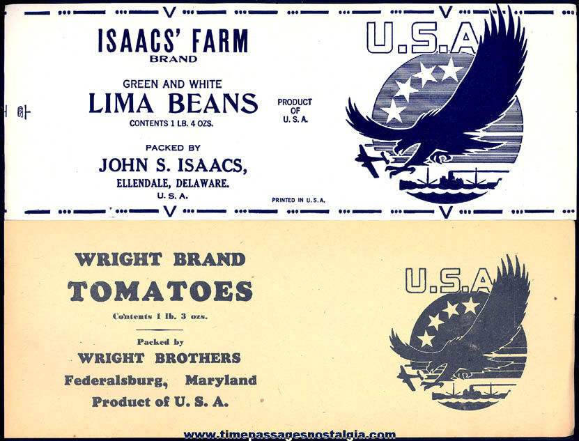 (2) Different Unused 1940s World War II American Home Front Victory Canned Food Labels