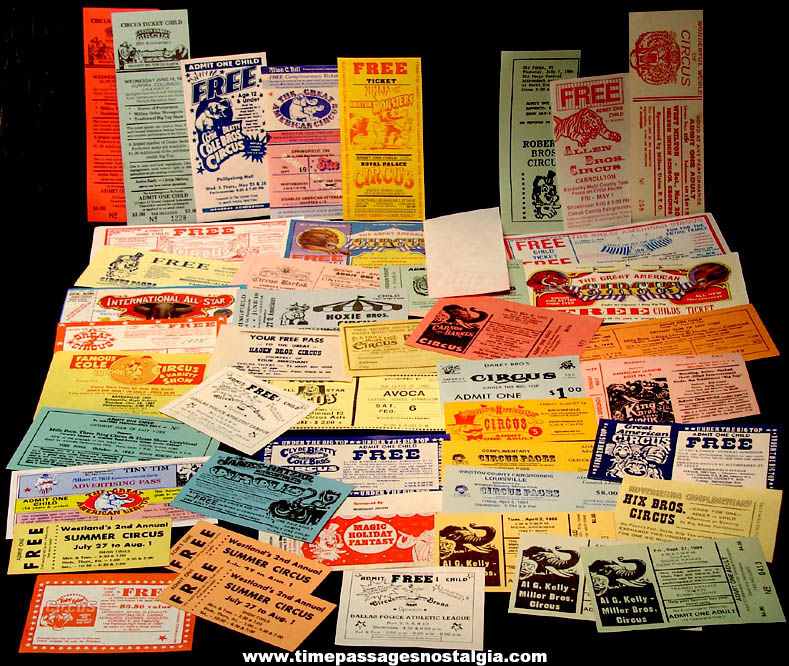 (44) Colorful Old Unused Complimentary Circus Advertising Printed Paper Tickets