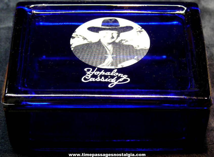 Old Hopalong Cassidy Western Movie Cowboy Hero Cobalt Blue Glass Jewelry or Trinket Box