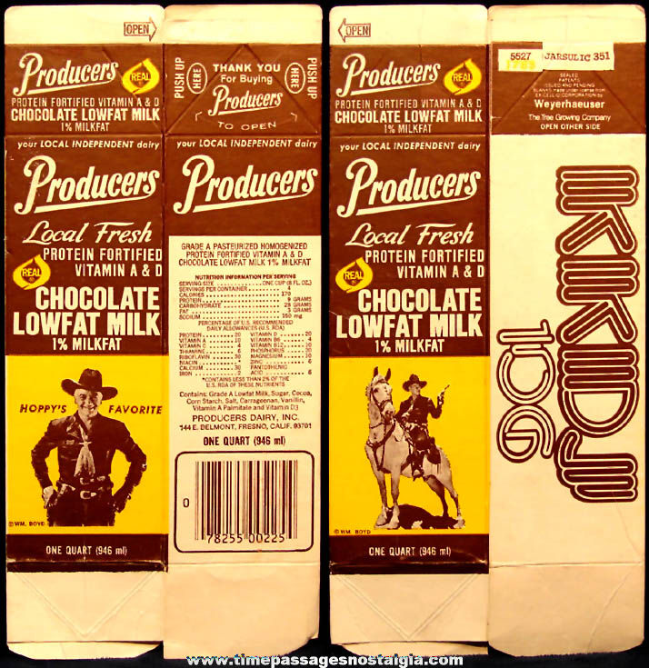 Old Unused Producers Dairy Hopalong Cassidy Lowfat Chocolate Milk Quart Size Carton