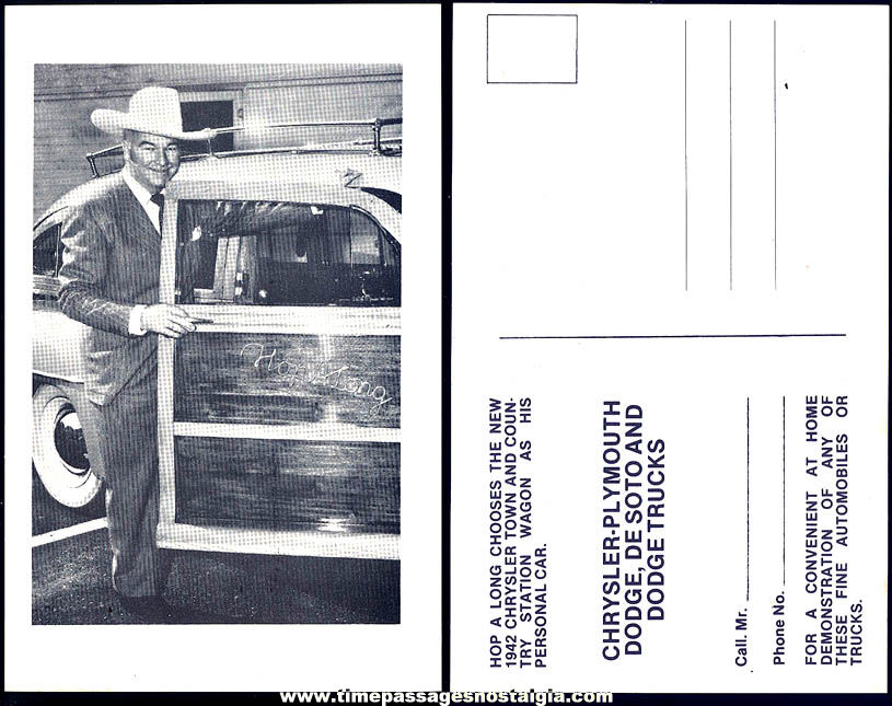 Old Unused Hopalong Cassidy Cowboy Hero Chrysler Plymouth Dodge Automobile & Truck Advertising Post Card