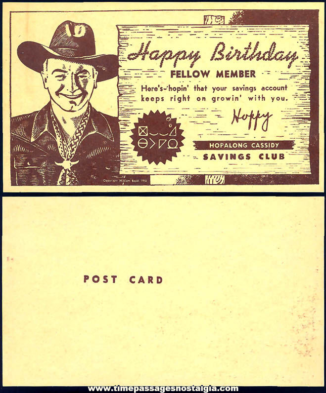 Old Unused Hopalong Cassidy Comic Book & Movie Cowboy Hero Savings Club Advertising Birthday Post Card