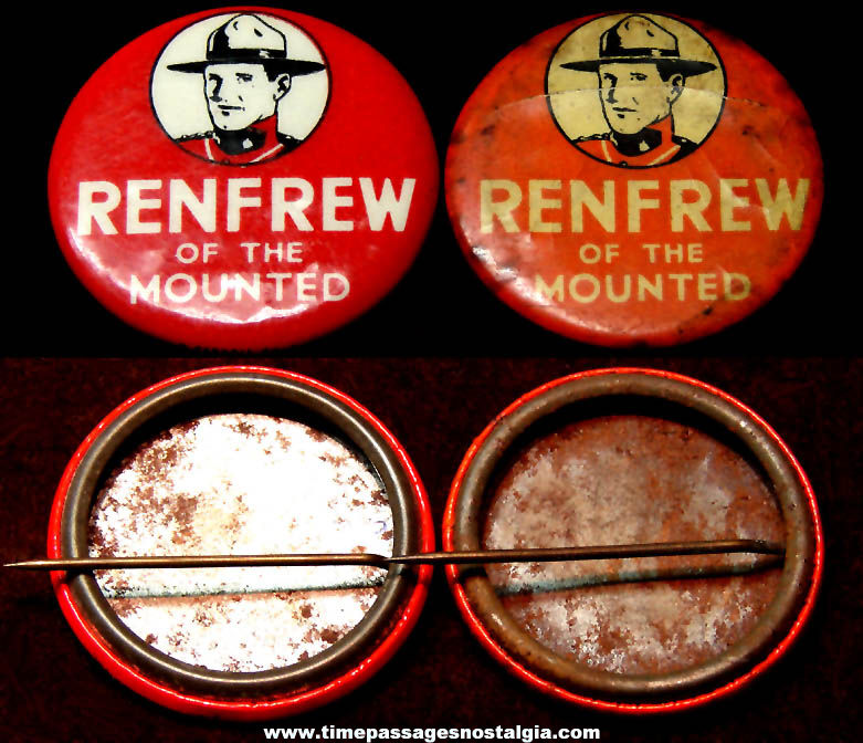 (2) Colorful 1936 Renfrew of The Mounted Wonder Bread Premium Celluloid Pin Back Buttons