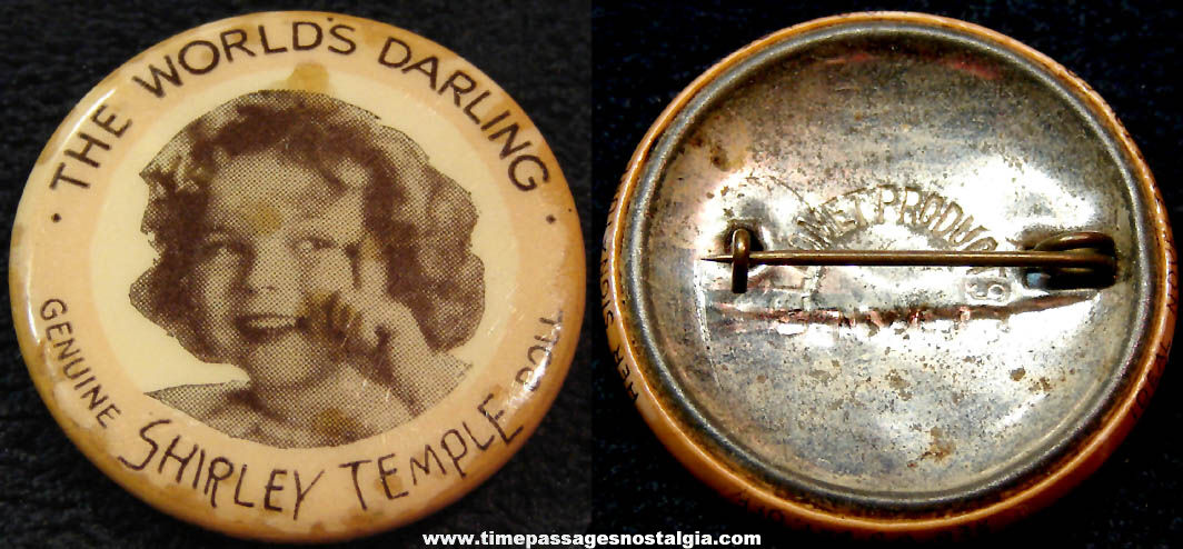 1936 Child Actress Shirley Temple Doll Advertising Premium Celluloid Pin Back Button