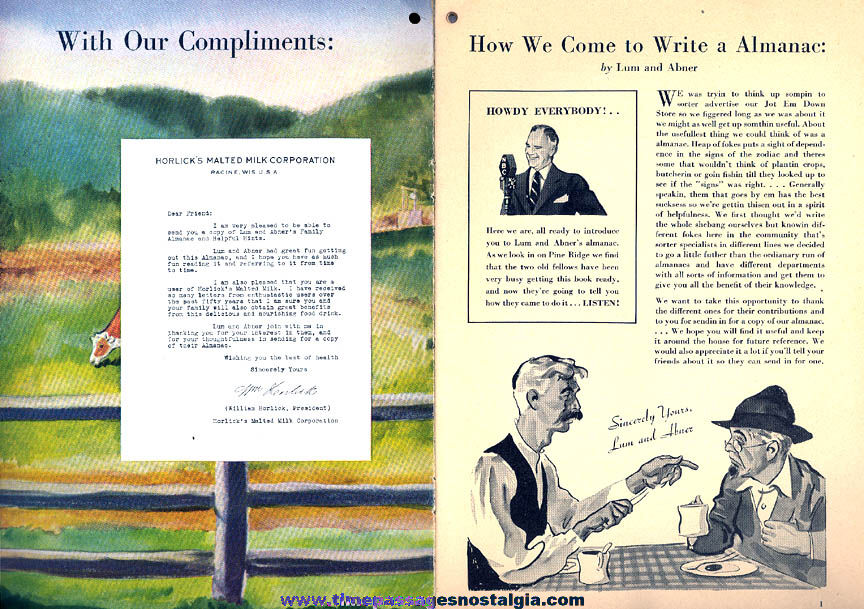 1936 Lum and Abner Horlicks Malted Milk Advertising Premium Family Almanac & Helpful Hints Booklet
