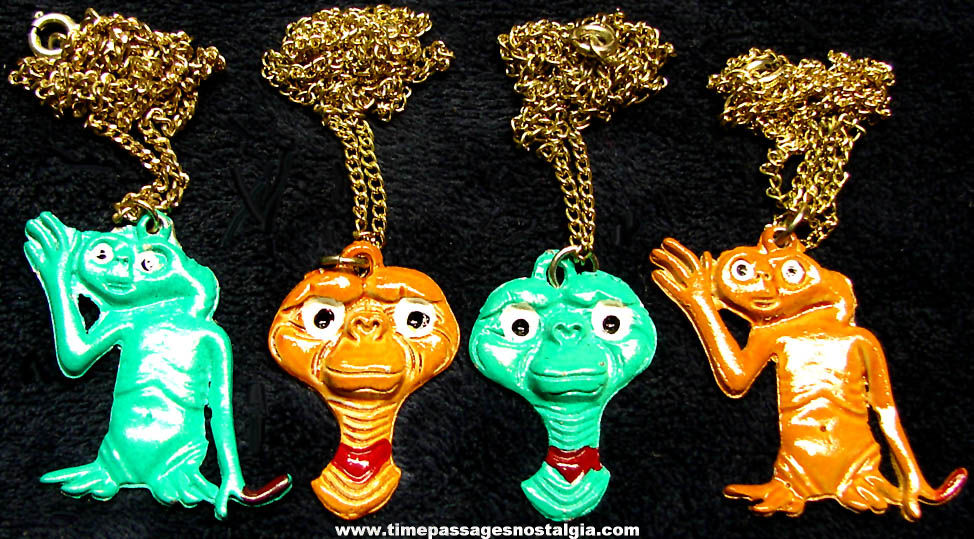 (4) Colorful Old Unused ET Extra Terrestrial Space Alien Movie Character Jewelry Necklaces