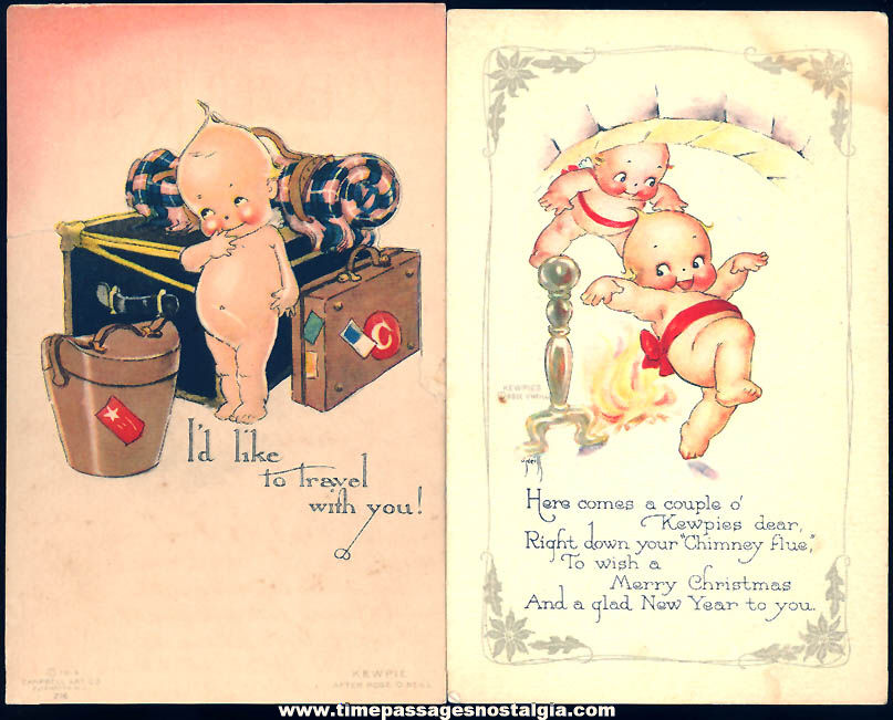 (2) Different Colorful Old Rose ONeill Kewpie Cherub Baby Doll Character Post Cards