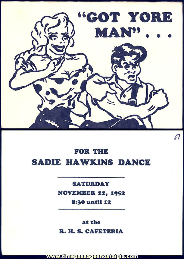 1952 Sadie Mae & Lil Abner Sadie Hawkins High School Dance Card Ticket