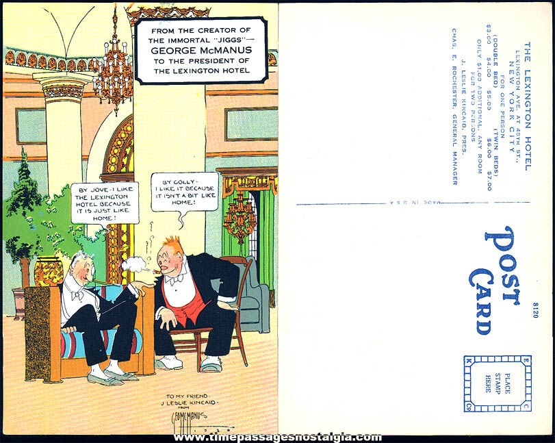 Unused 1930 George McManus Jiggs Comic Strip Character Lexington Hotel Advertising Post Card