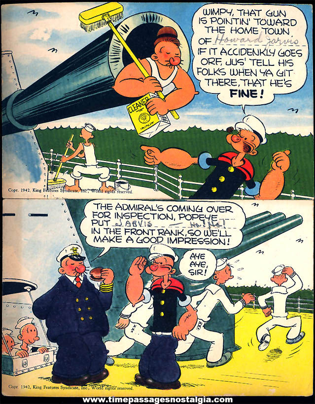 (2) Different Colorful ©1942 Popeye & Wimpy Cartoon Character U.S. Navy World War II Sailor Post Cards